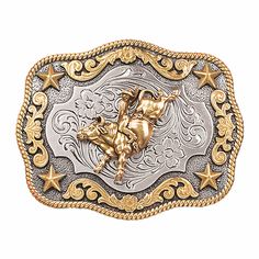 Nocona Youth Bullrider & Stars Rectangle Belt Buckle 3798902 Style number: 3798902 Silver-toned rectangle belt buckle Gold bullrider motif in the center Floral scroll edges  Stars in the corners Gold rope border  Measures: 2.5" x 3" All item descriptions are taken directly from the manufactures, unless not available. Some of our items are hand-finished, and specifics can vary between items of the same style.   Shipping Handling Time.Orders are usually processed within 24 hours, and will be sent Cadillac Belt Buckle, Big Belt Buckle, Matte Black Background, Bull Rider, Western Buckles, Gold Horse, Western Belt Buckles, Bull Riders, Western Belts