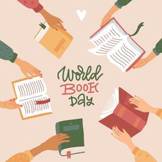 people are holding books in their hands around the words world book day on a pink background