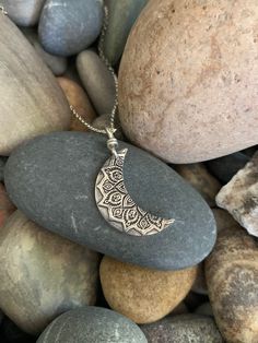 "Silver Crescent Moon Necklace. Mandala Necklace, Sterling Silver Moon Mandala Pendant, Vintage Finish, Bohemian Jewelry, Zen, Yoga Gift This sterling silver crescent moon pendant is beautiful and light weight. It has a mandala pattern with a dark patina, that gives it a bohemian and vintage feel. Mandalas symbolize that life is never ending....they also represent unity and harmony. We use only fine and sterling silver for all of our jewelry and findings, including our handmade ear wires. Our un Artisan Necklace With Moon Charm, Artisan Moon Charm Necklaces, Artisan Silver Necklace With Moon Phase Detail, Artisan Silver Necklace With Moon Phase, Artisan Silver Necklace With Moon Charm, Artisan Crescent Moon Charm Necklaces, Artisan Crescent Moon Charm Necklace, Bohemian Moon Phase Necklace In Sterling Silver, Bohemian Sterling Silver Moon Phase Necklace