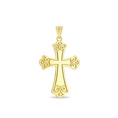 "14k solid gold cross pendant. measures 1 1/2\" by 1\". high polish finish." Yellow Gold Polished Cross Necklace Pendant, Polished Cross Necklace For Formal Occasions, Formal Polished Cross Pendant Necklace, Formal Polished Cross Necklace, Classic Polished Crucifix Cross Necklace, Gold Crucifix Cross Necklace With Polished Finish, Gold Crucifix Necklace With Polished Finish, 14k Yellow Gold Cross Pendant Necklace, Classic 14k Gold Cross Pendant Necklace