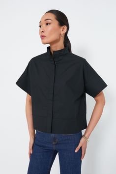 Black Trapunto Stitch Sofia Shirt | Tuckernuck Classic Short Sleeve Cropped Shirt For Work, Classic Cropped Short Sleeve Shirt For Work, Spring Boxy Tops For Workwear, Modern Cropped Shirt For Spring, Spring Boxy Workwear Tops, Black Short Sleeve Shirt With Button Closure For Spring, Short Sleeve Cropped Shirt For Work, Black Relaxed Fit Cropped Shirt With Short Sleeves, Black Relaxed Fit Short Sleeve Cropped Shirt