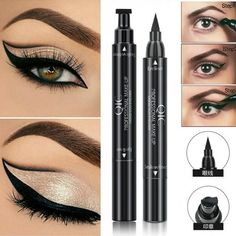 Description: Produced with double head which has multiple functions, the stamp head can help you to quickly shaping eyes effect for gently applying, the pen head will help you to draw natural fashion eye line for makeup, its waterproof and smudge-proof functions will make your eyes makeup for last long time without fading or blooming, if you want to remove it, you can use makeup cleanser to easily cleaning without hurting your skin. Having been made of smooth and gentle liquid inside it, there i Eye Eyeliner, Eyeliner Stamp, Winged Eyeliner Stamp, Eyeliner Brands, Eyeliner Eyeshadow, Liquid Eyeliner Pen, Black Liquid, How To Apply Eyeliner, Winged Liner