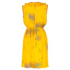 This yellow vintage dress features a vibrant and colorful floral print, making it a perfect statement piece for any occasion. The dress is made from a lightweight and flowy polyester fabric, making it comfortable to wear. The dress has a round frill neckline and is sleeveless, making it perfect for warmer weather. To complete the look, pair this dress with a pair of strappy sandals and a cute clutch. One-of-a-kind Vintage Dress3 buttons down the backSkirt section is lined.Thread belt loops intac Yellow Floral Print Midi Dress For Garden Party, Spring Yellow Floral Print Midi Dress, Yellow Lined Midi Dress For Summer, Yellow Floral Dress With Ruffles For Garden Party, Yellow Dress For Garden Party, Yellow Lined Midi Dress, Yellow Silk Dress With Ruffles, Yellow Silk Dress For Garden Party, Chic Yellow Lined Midi Dress