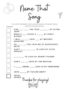 a printable wedding game with the words name that song written in black and white