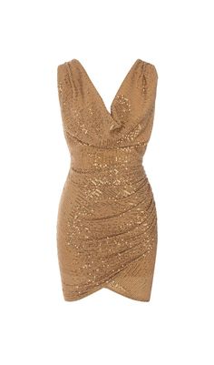 Sequined Jersey Wrap-Effect Mini Dress in GoldAdd a touch of glamour and shine with our Sequined Jersey Wrap-Effect Mini Dress in Gold. This dress is designed to make you the center of attention at any event. The sparkling metallic stretch-jersey fabric catches the light with every move, creating a dazzling effect that is sure to turn heads.Features: Plunging neckline for a sultry and elegant look Fitted waist that accentuates your curves Draped, wrap-effect skirt for added flair Whether you're Gold Sequin Mini Dress For Evening, Gold V-neck Sequin Dress For Formal Occasions, Chic Gold Sleeveless Sequin Dress, Elegant Gold Sleeveless Sequin Dress, Glamorous Gold Mini Dress For Formal Occasions, Gold Mini Bodycon Dress For Holidays, Gold Mini Bodycon Holiday Dress, Gold Mini-length Bodycon Dress For Holidays, Gold Sequin Mini Cocktail Dress