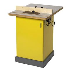 a yellow box with a wooden top on wheels