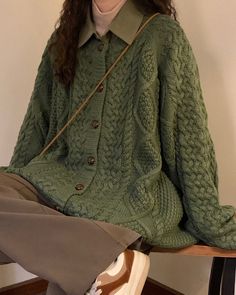 80's Grandma Collar Cardigan | Aesthetic Clothes – Boogzel Clothing Cute Green Sweater, Green Sweater Aesthetic, How To Style A Sweater Dress, Green Outfits Aesthetic, Green Aesthetic Fashion, Green And Brown Outfit, Green Knitted Sweater, Autumn Cardigan, Green Clothes