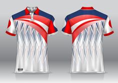 the front and back view of a polo shirt with red, white and blue stripes