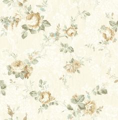 an old fashioned wallpaper with flowers and leaves on the side, in beige tones