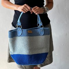 Summer crochet Tote bag. Every day bag, comfortable and modern. Made with cotton yarn, the handles are artificial leather. Three colours beach bag. Gift small purse Size bag  approx : 16 inch/ 16 inch Casual Blue Bucket Bag With Double Handle, Beach Bags With Leather Handles In Cotton, Beach Bags With Leather Handles And Cotton Material, Trendy Beach Hobo Bag With Leather Handles, Trendy Hobo Bag With Leather Handles For Beach, Blue Rectangular Canvas Bag For Beach, Trendy Large Capacity Blue Crochet Bag, Large Blue Beach Bag For Everyday Use, Casual Hobo Bag With Leather Handles For The Beach