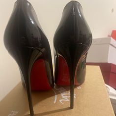 Christian Louboutin Size 37.5 Or 7.5 Color Black Price 695 ***Never Worn*** Business Heels With Red Sole In Patent Leather, Luxury Black Heels With Red Sole, Black High Heel Court Shoes With Red Sole, Black Heels With Red Sole For Evening, Black Patent Leather Heels With Red Sole, Sleek Court Shoes With Red Sole, Sleek Court Shoes With Red Sole And Round Toe, Black Court Shoes With Red Sole For Formal Occasions, Black Patent Leather Court Shoes With Red Sole