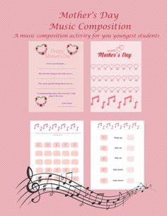 the mother's day music competition flyer is shown with notes and hearts on it