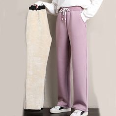 Season:WinterAge:18-24Pant Style:Wide Leg PantsFront Style:FlatWaist Type:HIGHPattern Type:SolidDecoration:Pockets,Lace-upClosure Type:Elastic WaistFabric Type:BroadclothFit Type:LOOSEStyle:StreetwearLength:Full LengthMaterial:Cashmere,PolyesterGender:WOMENSize Chart(cm)SizePant LengthWaistHipThigh circumference M9966-809056L10068-829258XL10170-849460XXL10272-869662 Trendy Winter Pants With Elastic Waistband, Trendy Straight Leg Sweatpants For Winter, Trendy Winter Trousers, Pink Casual Sweatpants For Winter, Trendy Straight Sweatpants For Winter, Pink Winter Pants With Pockets, Pink Winter Bottoms With Pockets, Winter Pink Bottoms With Pockets, Casual Winter Bottoms With Fleece Lining