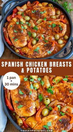 This easy 1-pot Spanish Chicken Stew is full of flavor! Seared chicken breasts are served in a rich sauce of tomatoes, potatoes, olives, vegetables and rich spices. Ready in just 30 minutes. Spanish Chicken Stew, Spanish Stew, Stew Chicken, Spanish Chicken, Seared Chicken Breast, Seared Chicken, Stewed Potatoes, One Pot Chicken, Spanish Dishes