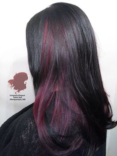 Magenta Streaks In Black Hair, Coloured Highlights Black Hair, Dark Pink Highlights In Black Hair, Dark Pink And Black Hair, Black And Red Hair Short, Goth Red Hair, Black Hair With Pink Highlights, Draculaura Hair, Red Black Hair