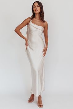 Carmel One-Shoulder Sash Maxi Dress Champagne by Selfie Leslie Satin White Maxi Dress, Spring White Satin Maxi Dress, White Chic Satin Maxi Dress, White Feminine Satin Maxi Dress, Cream Satin Floor-length Maxi Dress, Champagne Maxi Dress, Pink Dress Shoes, Brunch Dress, Satin Maxi