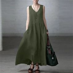 Lasaky - Sleeveless Solid Color Cotton Linen Maxi Dress with Loose Pleats and Stylish Flowy Design Comfy Maxi Dress, Pleated Fashion, Sleeveless Linen Dress, Ootd Spring, Flowy Design, Solid Tank Tops, Cotton Linen Dresses, Sleeveless Long Dress, Linen Maxi Dress