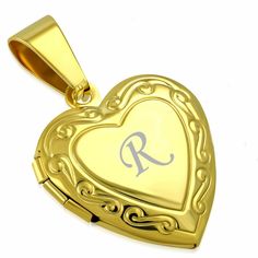 Personalized Quality Stainless Steel Gold Color Flower Vine Love Heart Vintage Locket Charm Pendant with ChainFree Engraving 1 initial onlySize Pendant: .90" x .74" inchesSize Chain: 18" inches Monogram Jewelry For Valentine's Day Personalized Gift, Monogram Jewelry For Personalized Valentine's Day Gift, Heart Shaped Monogram Jewelry For Anniversary, Engraved Promise Rings, Vintage Locket, Heart Vintage, Forever Gifts, Sterling Silver Promise Rings, Vintage Lockets