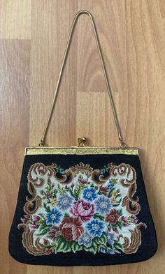 "Antique 1960s Floral Tapestry Elegant Evening Handbag Clutch Purse Made In USA Some discoloration on the metal gold tone hardware, One Interior Pocket, Chain drop 7.5\" You might be able to use it as a shoulder bag. Length 7\" x Width 1\" x Height 6\" Please use your camera zoom option to see all the details." Antique Gold Embroidered Bags, Vintage Evening Bag In Tapestry Material, Vintage Tapestry Bag For Evening, Vintage Tapestry Shoulder Bag For Evening, Vintage Tapestry Bag For Formal Occasions, Vintage Embroidered Clutch Evening Bag, Vintage Formal Tapestry Bag, Vintage Gold Embroidered Evening Bag, Formal Vintage Tapestry Bag