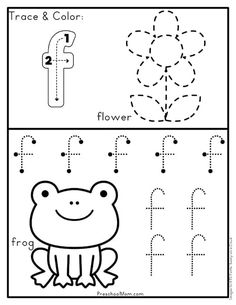 trace and color worksheet for children to practice letter f with the frog,