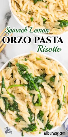 two white bowls filled with pasta and spinach