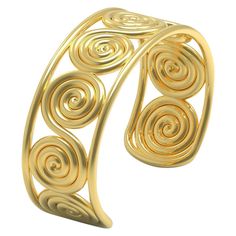 22 Karat Yellow Gold Spiral Cuff Bracelet by ROMAE Jewelry - Inspired by an Ancient Design. Our stunning solid gold "Eupraxia" bracelet features a timeless "figure-eight" spiral repeats across the wrist, within a clean, strong border. The design is based on a series of gold ornaments found within a 16th century BC burial in Grave Circle A, at Mycenae, Greece. The grave, which belonged to a woman, was filled with gold jewelry and accoutrements. In ancient Greek mythology, Eupraxia was the personi Greek Mythology Accessories, Ancient Greece Jewelry, Greek Jewelry Ancient, Otome Isekai, Ancient Greek Bracelet, Greek Bracelet, Greek Accessories, Greek Mythology Jewelry, Ancient Greek Jewelry