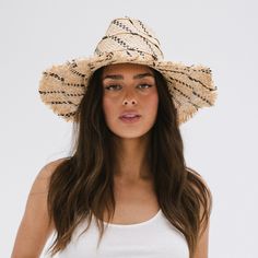 Gigi Pip straw hats for women - Gemma Wide Brim Straw - handwoven palm straw fedora with a fringed edge for a bohemian vibe