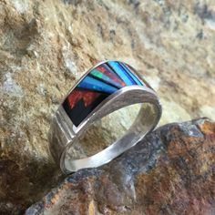 David Rosales Red Moon Inlaid Sterling Silver Ring Contemporary Southwest, Red Lab, Arrow Jewelry, Turquoise Jewellery, Silver Turquoise Jewelry, Black Jade, Silver Jewellery Indian, Ring Shank, Southwest Jewelry