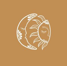 a drawing of a sun and a fish in the shape of a moon on a brown background