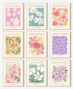 six flower market cards with different flowers on them