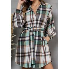 Elevate Your Style Game With This Long Plaid Printed Shacket Jacket. This Versatile Midi-Length Coat Dress Is Designed To Impress, Featuring A Gorgeous Multicolored Plaid Print, Lapel Collar And Distinctive Flap Pockets. The Detachable Adjustable Belt Cinches Your Waist Perfectly, Creating A Flattering Silhouette That's Sure To Turn Heads. Whether You're Layering Up For The Cooler Months Or Adding A Stylish Touch To Your Ensemble, This Shacket Trench Coat Is The Ultimate Go-To Piece. With Its On Long Sleeve Belted Cuffs Shirt Dress For Fall, Fall Knee-length Single-breasted Outerwear, Belted Fitted Shirt Dress For Fall, Fitted Belted Shirt Dress For Fall, Fall Workwear Shirt Dress With Belted Cuffs, Fitted Fall Shirt Dress With Belted Cuffs, Fitted Shirt Dress With Belted Cuffs For Fall, Fall Button-up Shirt Dress With Belted Cuffs, Chic Fall Shirt Dress With Pockets