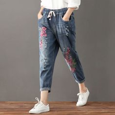 Women's Autumn Plus Size Jeans Harem Pants - Zorket Bohemian Non-stretch Bottoms With Floral Embroidery, Baggy Embroidered Pants For Spring, Spring Embroidered Loose Fit Pants, Spring Embroidered Baggy Pants, Bohemian Baggy Jeans For Spring, Casual Floral Embroidered Pants For Spring, Baggy Floral Embroidered Bottoms, Baggy Bottoms With Floral Embroidery, Baggy Embroidered Bottoms For Spring