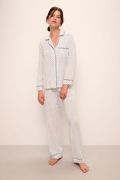 Gisele Printed TENCEL™ Modal Long PJ Set White Classic Sleepwear For Spring, Classic White Relaxed Fit Sleepwear, Soft Pajamas, Draped Fabric, Pj Sets, Classic Man, How To Feel Beautiful, Batik, Blue Denim