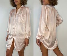 "Vintage baby pink night dress / blouse.  Tag: Intimate Desire California M Measurements Bust: 44\" Waist: 44\" Hip: 44\" Shoulder: 16\" Sleeve: 22\" Length: 35\" In fair vintage condition. Moderate wear throughout. See all photos for a visual. Item is priced accordingly and sold AS IS." Long Sleeve Chemise For Bedtime In Spring, Long Sleeve Spring Chemise For Bedtime, Summer Long Sleeve Chemise For Bedtime, Spring Long Sleeve Chemise For Bedtime, Spring Buttoned Nightgown For Bedtime, Pink Chemise For Pajama Party, Pink Collared Sleepwear For Pajama Party, Collared Pink Sleepwear For Pajama Party, Pink Long Sleeve Sleepwear For Night