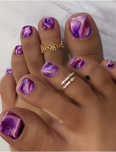 Gold Toe Nails, Purple Toe Nails, Toenail Art Designs, Purple Toes, White Blossom, Acrylic Toe Nails