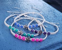 These anklets are the perfect thing to complete your swimsuit.  They are made with durable cotton cord that is perfect to swim with.  The colors all scream summer vibes and that starfish charm just lets everyone know you are in summer mode.  You can choose between an anklet size or a bracelet size. And why not get both so that you can use the matching set.  Get one in every color...I cant choose which one is my favorite! *Anklet Length (13 in) *Bracelet Length (10 in) Proper Sizing: Wrap a strin Starfish Anklets, Summer Anklets, Starfish Bracelet, Beaded Anklet, Teenager Gifts, Beach Anklets, Jewelry Beaded, Beaded Anklets, Woven Bracelets