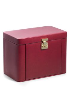 a red leather box with a gold latch on the lid is shown in front of a white background