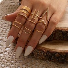 Rings Set قلادات متدلية, Midi Ring Set, Rhinestone Material, Dainty Gold Rings, Gold Rings Stackable, Geometric Decor, Stacking Ring Set, Ringe Gold, Golden Ring