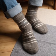 Properties: Wear them as: ✨ Ultra Warm ✨ Slipper socks ✨ Odor Resistant ✨ Camping socks ✨ Wick Moisture ✨ Sleeping socks ✨ Thermoregulating ✨ Lounge wear About this Pattern: Our crew-length goat wool socks will become your go-to choice for comfort whether you're looking for hiking, lounging, or sleeping socks. These versatile socks feature a traditional design with a pop of blue, allowing for easy matching with your winter ensemble. Elevate your daily routines or outdoor adventures with the idea Wool Socks Aesthetic, Granola Socks, Camping Socks, Purple Violet Flower, Sleeping Socks, Camp Socks, Socks Aesthetic, Flower Socks, Hand Knit Socks