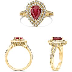 Roman & Jules 18K Yellow Gold Pear Shape Ruby Ring with Diamond Halo - 1.54 Carat Ruby, 0.62 Carat Total Diamond Weight Luxury Pear-shaped Ruby Ring With Halo Setting, Elegant Yellow Gold Ruby Ring With Pave Setting, Formal Yellow Gold Ruby Ring With Pave Setting, Pear-shaped Yellow Gold Sapphire Ring, Fine Jewelry Yellow Gold Sapphire Ring Pear-shaped, Fine Jewelry Yellow Gold Pear-shaped Sapphire Ring, Fine Jewelry Gold Ruby Ring Gia Certified, Elegant Gia Certified Gold Ruby Ring, Gia Certified Yellow Gold Ruby Ring For Anniversary