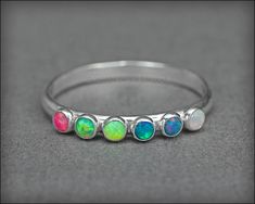 Multi Opal Ring - (choose # of opals) Silver Opal Dainty Rings, Multi-stone Round Jewelry For May Birthstone, Dainty Stackable Sterling Silver Opal Ring, Nickel Free Sterling Silver Stackable Rings, Oval Opal Stackable Jewelry, Dainty Opal Silver Rings, Dainty Silver Opal Rings, Stackable Oval Opal Jewelry, Nickel-free Round Band Jewelry For Anniversary