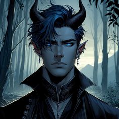 a man with blue hair and horns standing in the middle of a forest at night