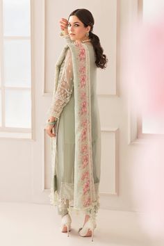 Embroidered Green Pakistani Party Dress in Chiffon fabric can be customized to a shirt style or Gown style. Floral designs and threads make this Pakistani Party Wear a masterpiece. Detailed Description: SKU: PS2477 Detailing: Embroidery, Threads, Tilla, Zari Color: Light green Fabric: Chiffon, Organza, Raw silk Design: Fully Embellished Dress with Embroidery, Floral designs Event: Party wear, Wedding Walima Dresses Pakistani, Subtle Embroidery, Mehndi Dresses, Walima Dress, Fuchsia Wedding, Printed Organza, Chiffon Sleeves, Indian Bridal Lehenga, Chiffon Collection