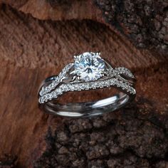 a white gold engagement ring with diamonds on top and in the middle, sitting on a tree stump