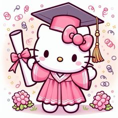 a hello kitty graduation card with a pink dress and cap holding a diploma in her hand