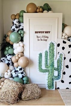 a cactus and some balloons are on the shelf in front of a wall with a sign that says howdy hey there's no baby on the way