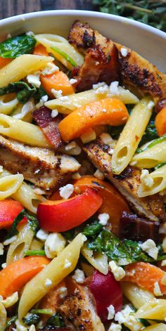 Chicken Pasta Salad with Apricots, Spinach, Bacon, Feta, and Honey Mustard Lemon Dressing - in a bowl. Summer Chicken Pasta, Feta And Honey, Feta Pasta Salad, Summer Chicken, Apricot Chicken, Feta Chicken, Salad Chicken, Honey Dijon, Chicken Pasta Salad