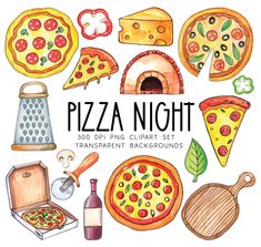 the pizza night clipart set includes different kinds of pizzas and other food items