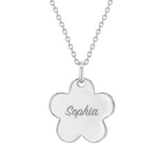 This unique flower pendant necklace will make for a beautiful and meaningful gift for a young girls special birthday celebration. A polished necklace that can be engraved to feature a young girls name or initials. This pendant comes with a matching hypoallergenic chain, with a 2" extension to adjust to a comfortable length. This item will be delivered neatly packaged in a gift box for your convenience. Age Group: Lovely Fit for Little Girls or Pre-Teens; Safe for Sensitive Skin Material: 925 Ste Mother's Day Necklaces With Flower Pendant Charms, Mother's Day Flower Pendant Necklaces With Charms, Mother's Day Flower Pendant Necklace With Charms, Personalized Flower Pendant Charm Necklaces, Personalized Flower Charm Necklace For Birthday, Personalized Flower Charm Necklace For Birthday Gift, Flower Pendant Necklace For Birthday And Valentine's Day, Silver Flower Shaped Necklace For Birthday, Silver Flower-shaped Necklace For Birthday