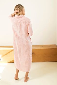 "This linen shirtdress is the easiest throw-on-and-go look! The hem hits right at the calf with little side slits. This long linen dress has a classic shirt collar, it looks especially carefree with the sleeves rolled up to the elbow. We designed it to be comfortable to wear at home as well as a comfy beach dress. You can easily style it with boots, slip-on, and sneakers, wear it alone or with pants, shorts or dresses as a light duster. ABOUT US LINEN ID was born from desire to embrace things th Casual Linen Maxi Dress For Loungewear, Chic Linen Lounge Dress, Linen Midi Length Dress For Daywear, Chic Linen Shirt Dress For Daywear, Chic Linen Relaxed Fit Shirt Dress, Chic Linen Shirt Dress With Relaxed Fit, Chic Relaxed Fit Linen Shirt Dress, Chic Linen Collared Midi Dress, Spring Linen Collared Midi Dress